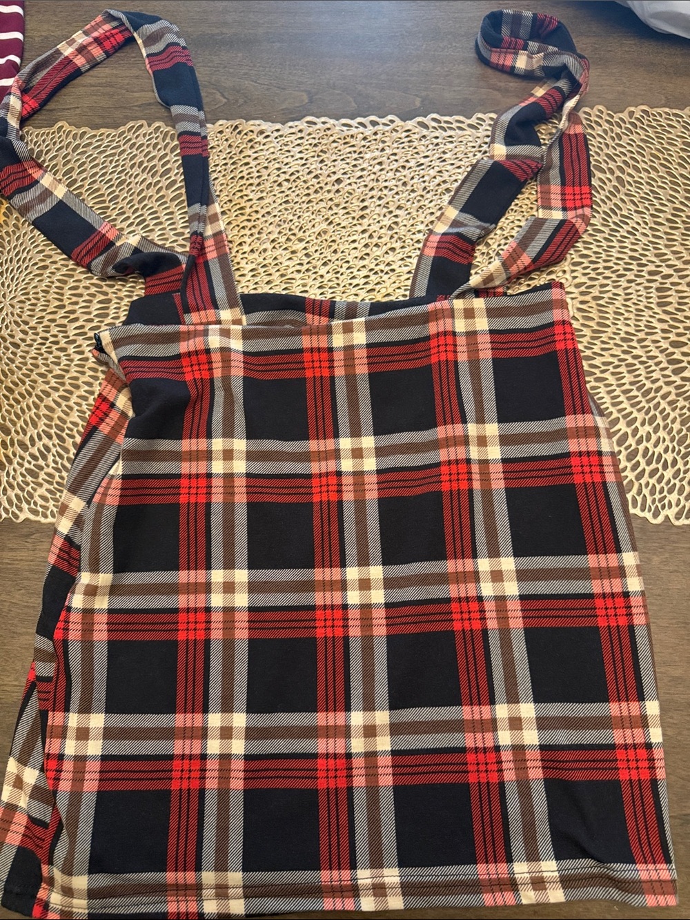 SHEIN Red & Black Plaid Pinafore Overalls